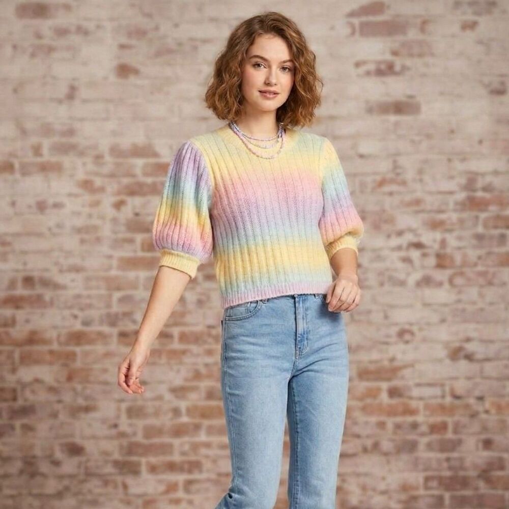Lush Women's Fuzzy Pastel Sweater Multi Ribbed Knit Crew Neck Puff Sleeve Size M